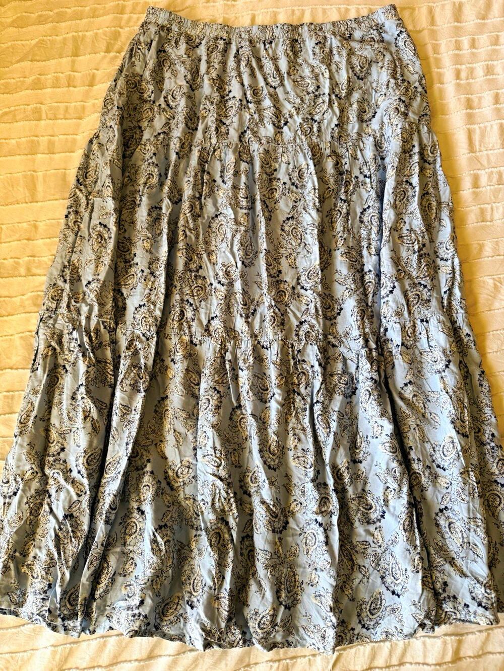 Cato Blue White Paisley Tiered Maxi Skirt L Regular Lined Pull-On Elastic